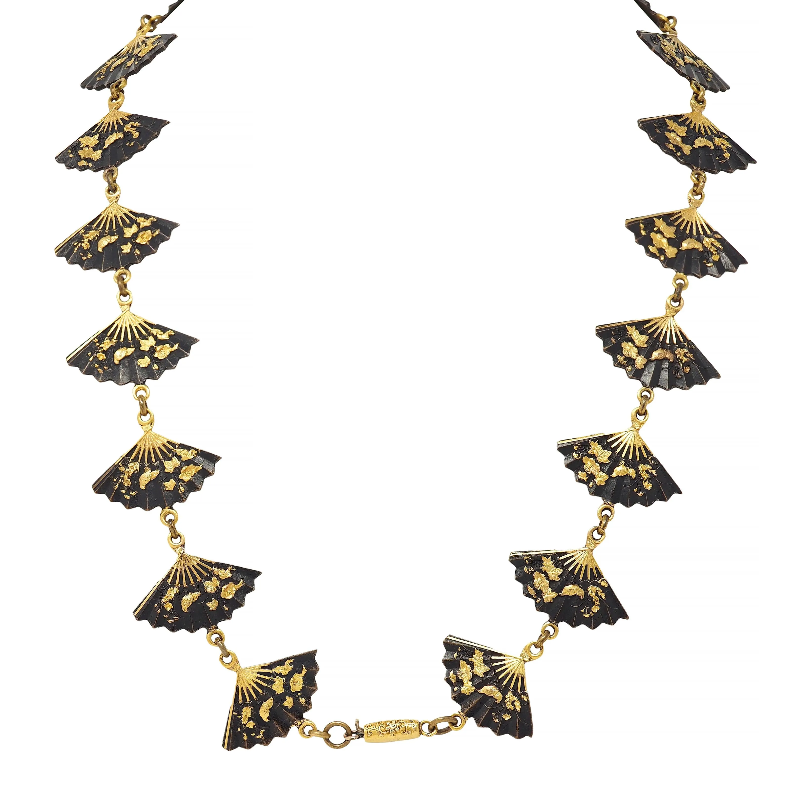 Victorian Shakudo 14 Karat Yellow Gold Antique Japanese Fan Link Sautoir Necklace