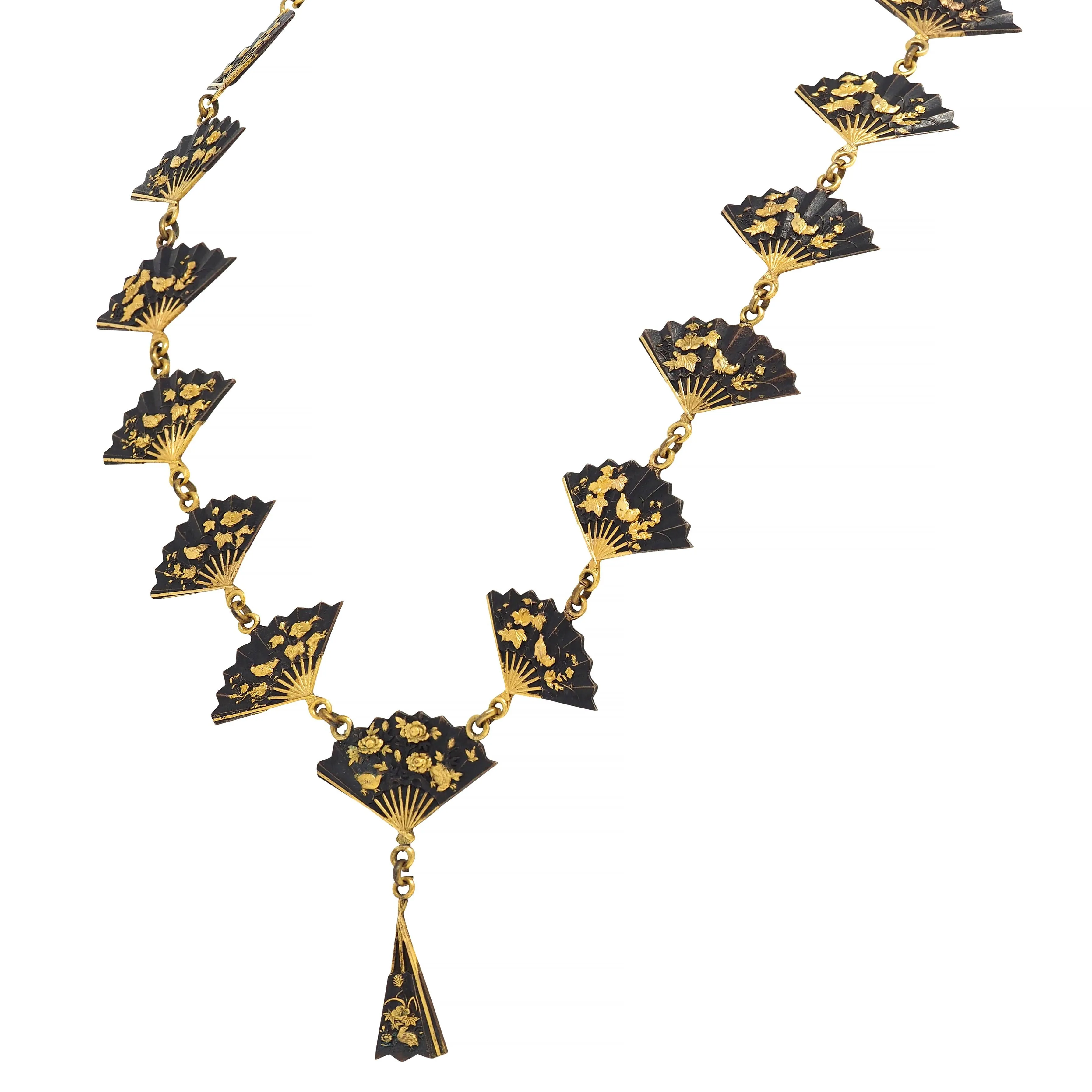 Victorian Shakudo 14 Karat Yellow Gold Antique Japanese Fan Link Sautoir Necklace