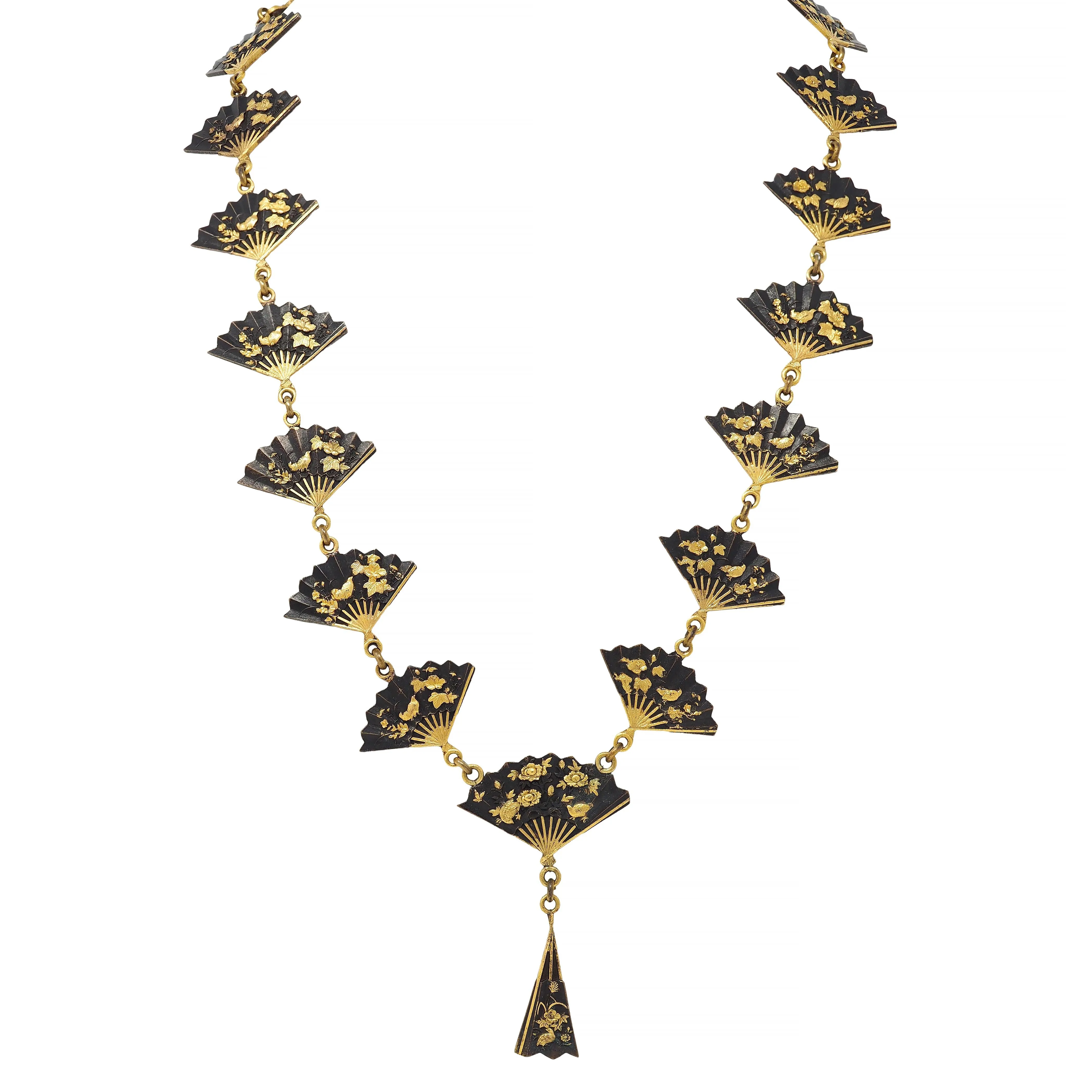 Victorian Shakudo 14 Karat Yellow Gold Antique Japanese Fan Link Sautoir Necklace