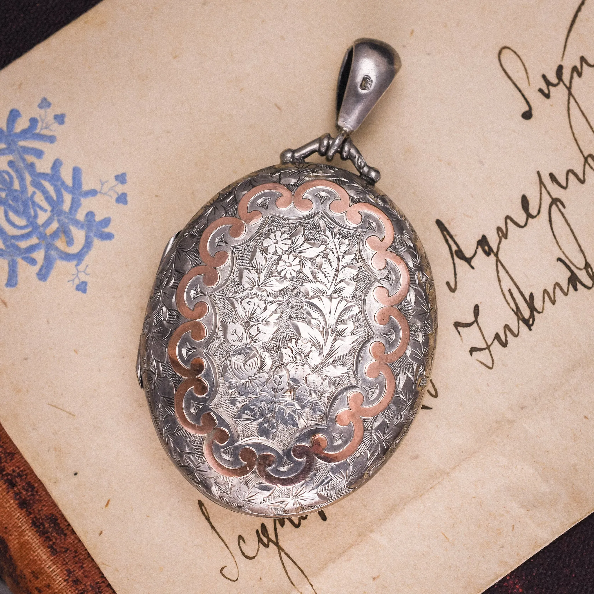 Victorian Silver & Rose Gold Floral Engraved Locket