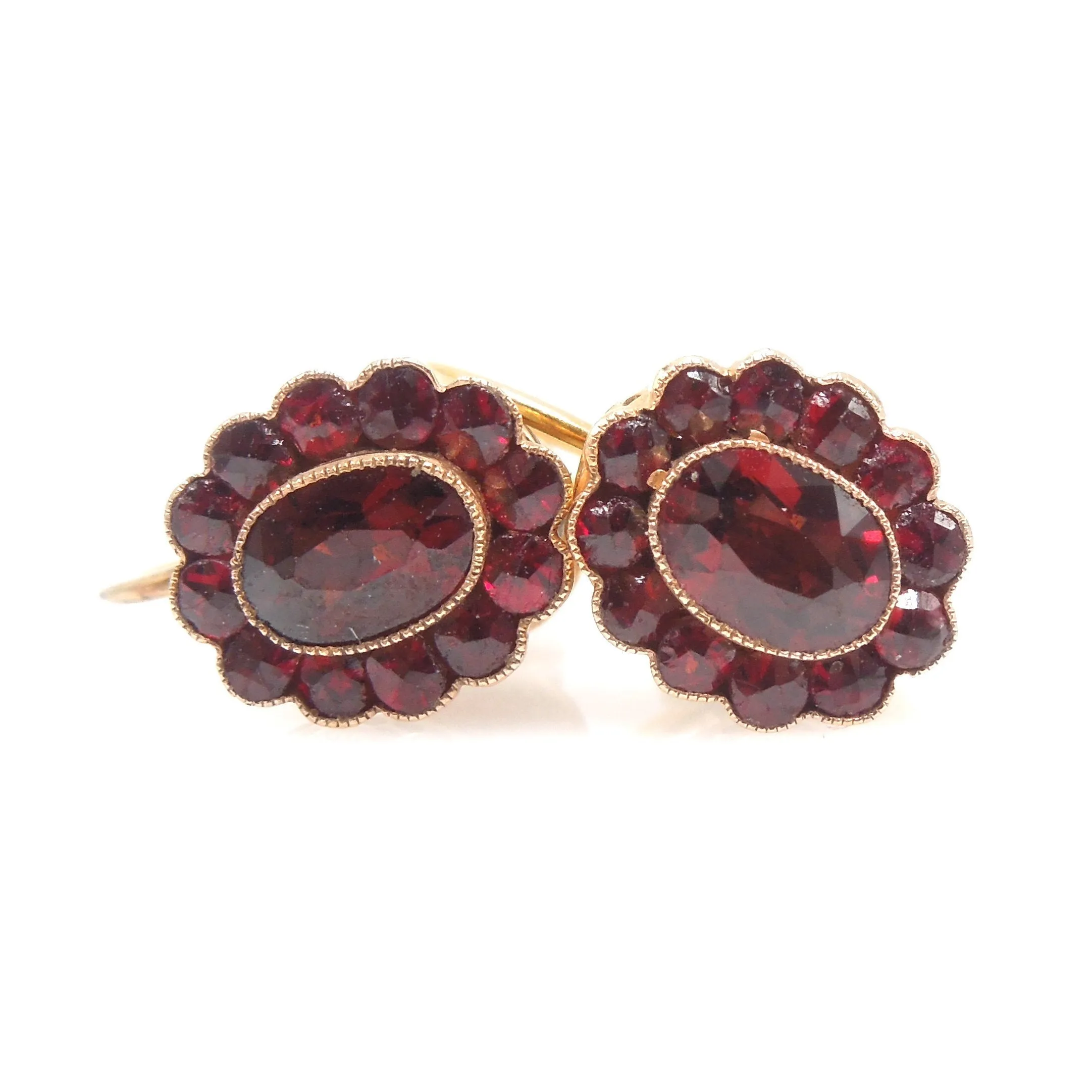 Victorian Style Bezel Set Garnet Halo Gold Fill Screwback Earrings
