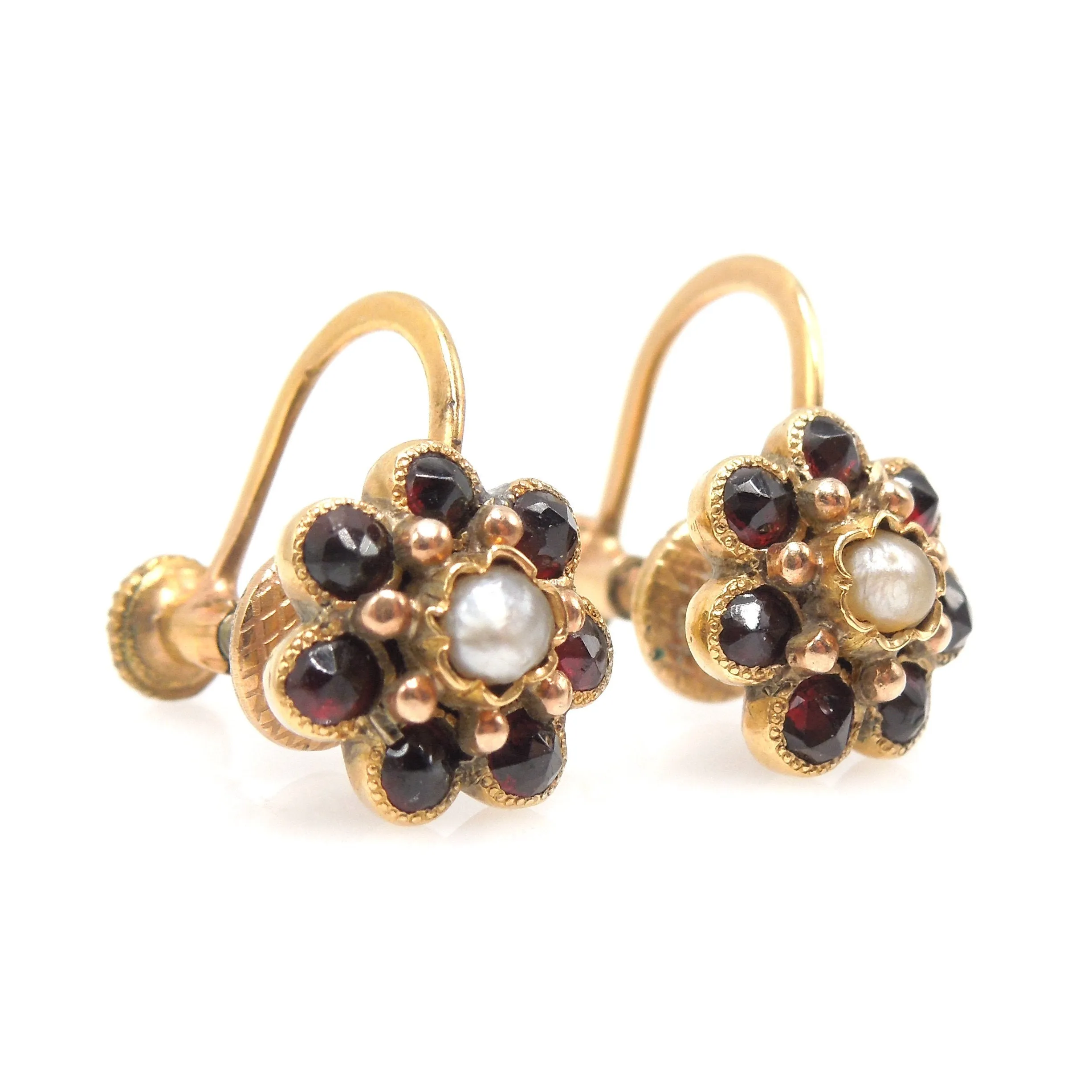 Victorian Style Garnet and Seed Pearl Flower Gold Fill Screwback Earrings