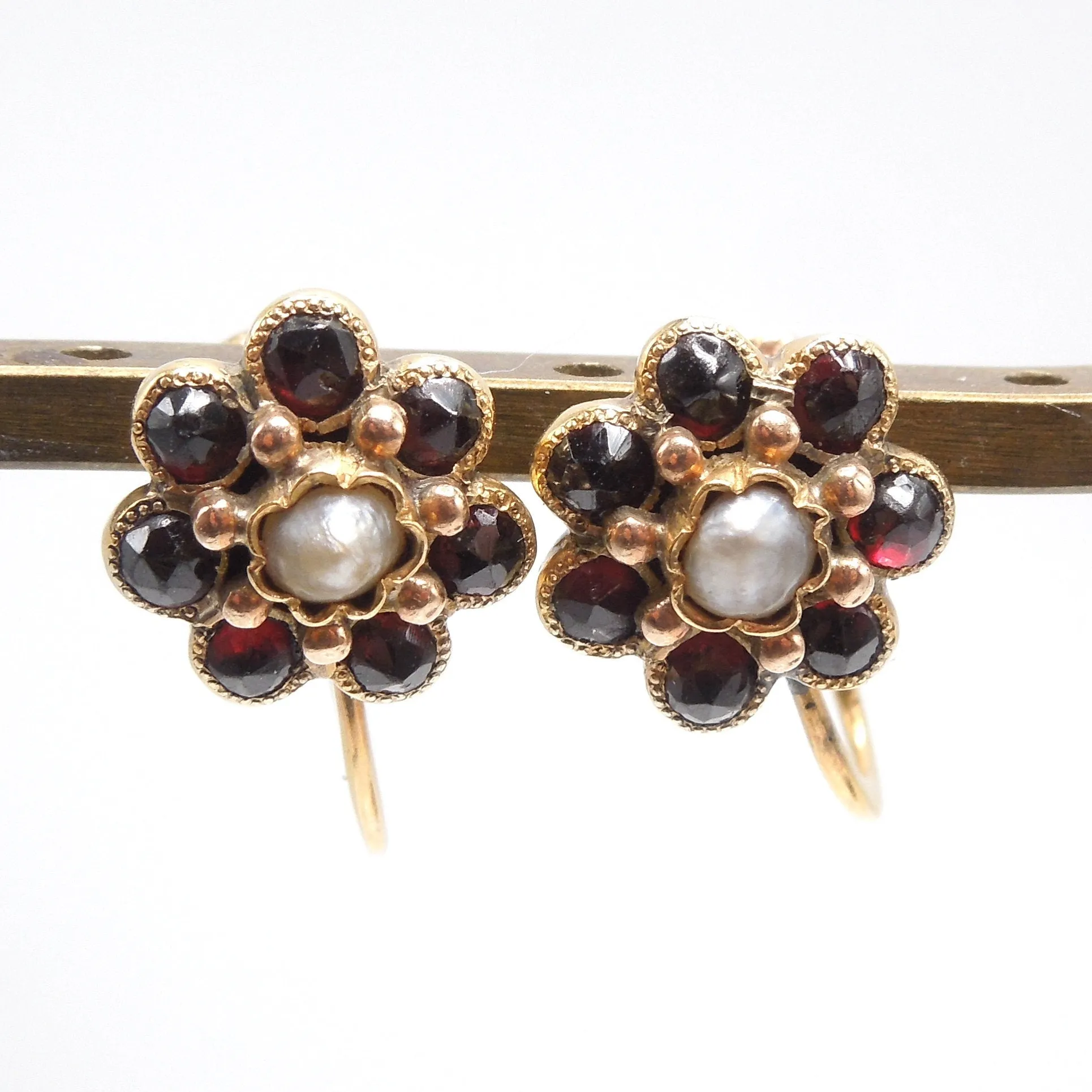 Victorian Style Garnet and Seed Pearl Flower Gold Fill Screwback Earrings