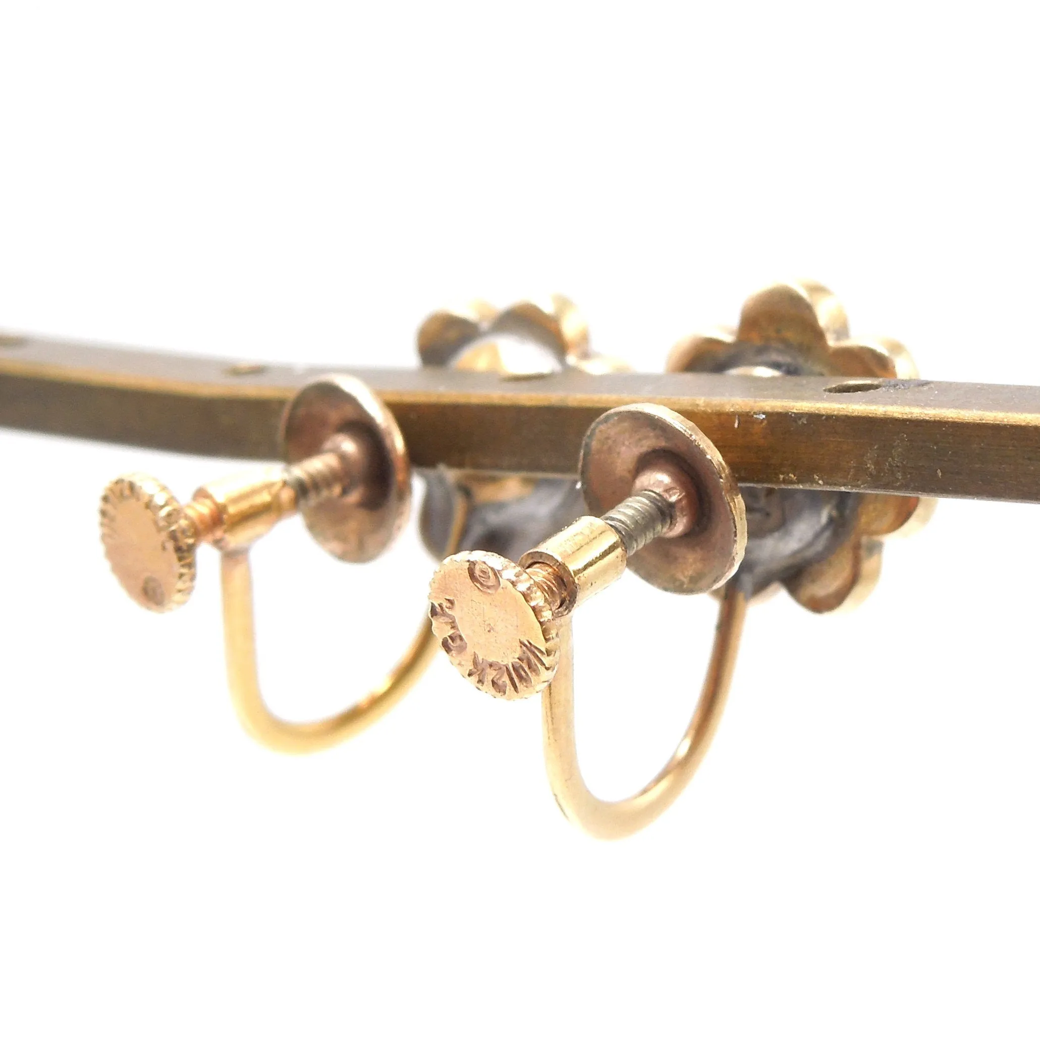 Victorian Style Garnet and Seed Pearl Flower Gold Fill Screwback Earrings
