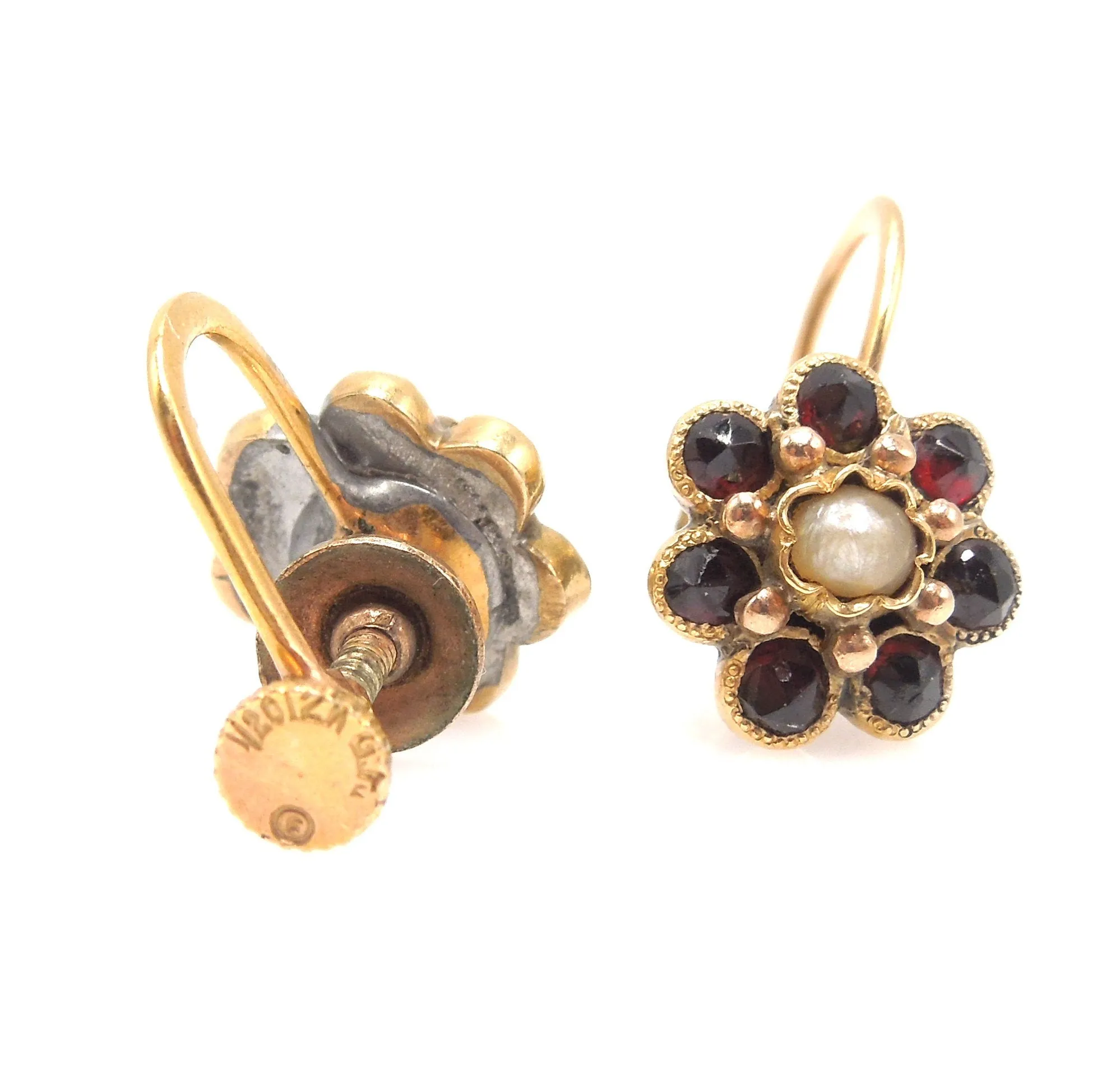 Victorian Style Garnet and Seed Pearl Flower Gold Fill Screwback Earrings