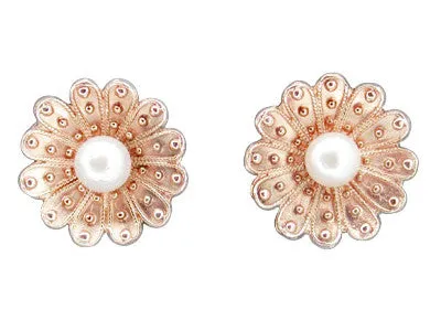 Victorian Sunflower 14 Karat Rose Gold Pearl Stud Earrings