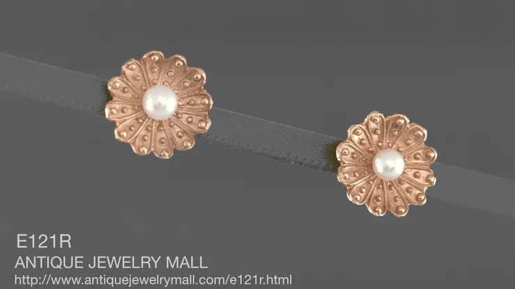 Victorian Sunflower 14 Karat Rose Gold Pearl Stud Earrings