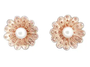 Victorian Sunflower 14 Karat Rose Gold Pearl Stud Earrings