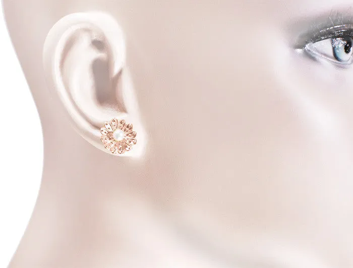 Victorian Sunflower 14 Karat Rose Gold Pearl Stud Earrings