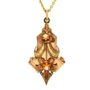 Victorian Turquoise and Pearl 14K & 10K Yellow Gold Floral Pendant