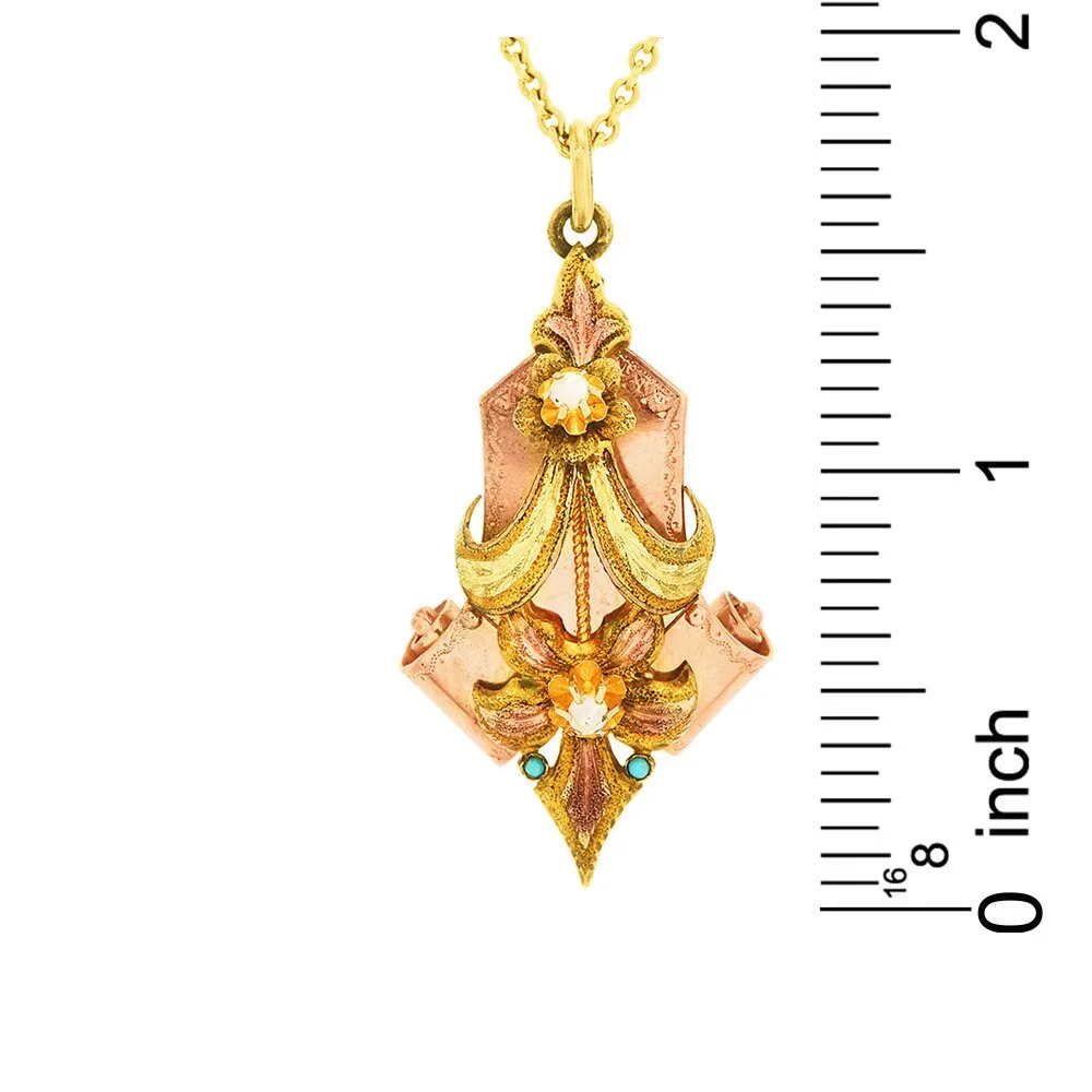Victorian Turquoise and Pearl 14K & 10K Yellow Gold Floral Pendant