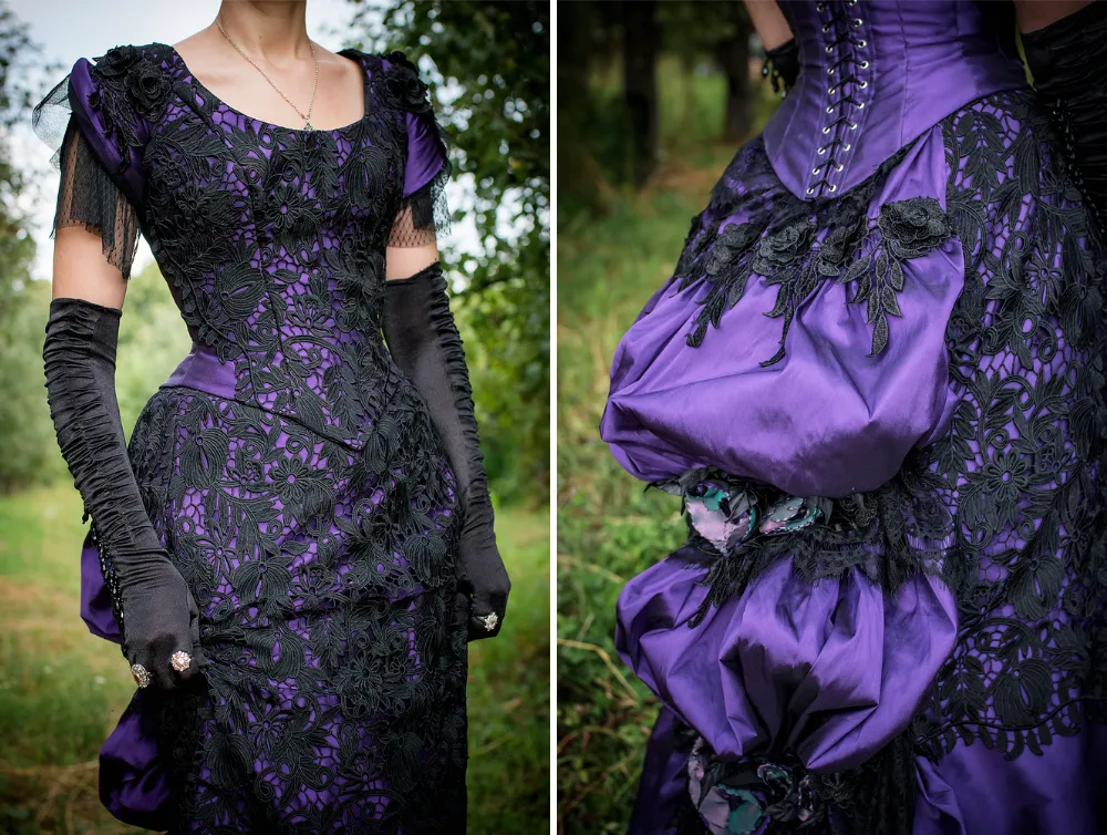 Victorian violet ballroom lacy taffeta gown