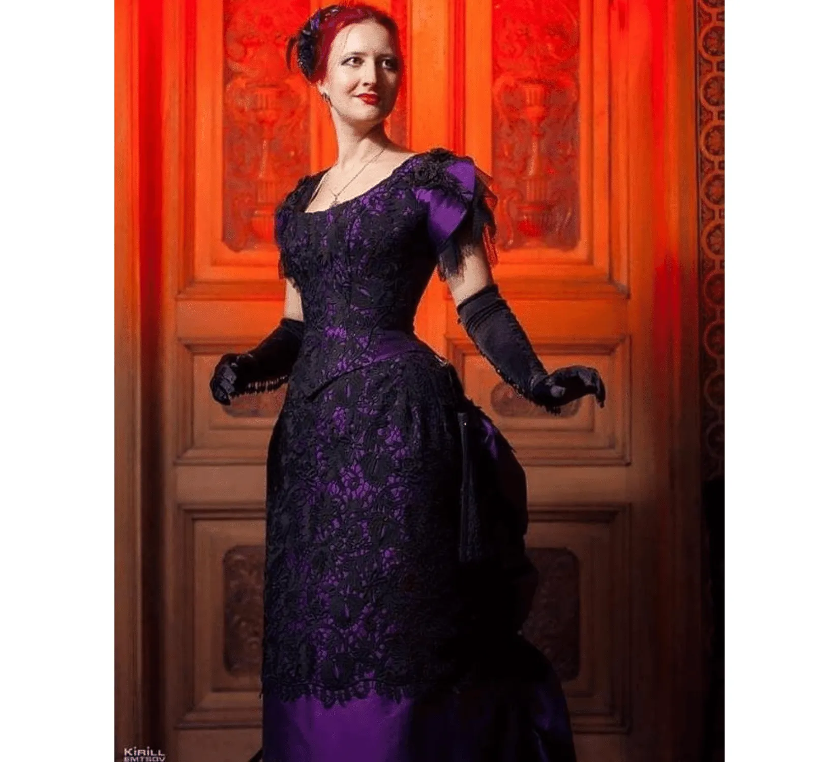 Victorian violet ballroom lacy taffeta gown