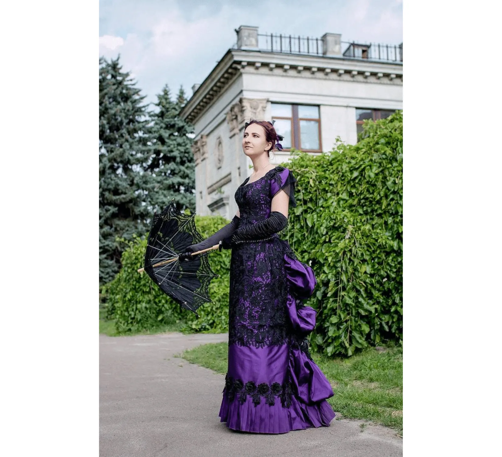 Victorian violet ballroom lacy taffeta gown
