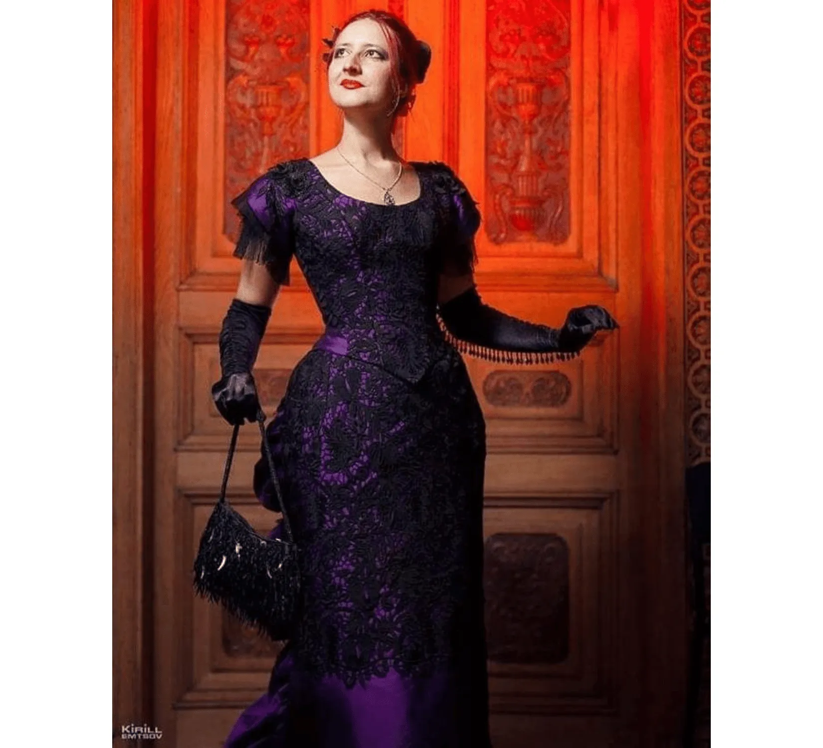 Victorian violet ballroom lacy taffeta gown