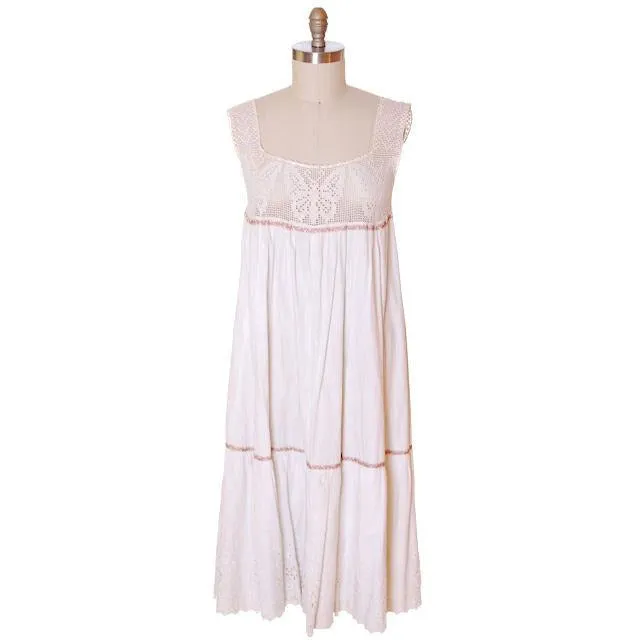 Victorian White Long Chemise Butterflies Micro Crochet Yoke Small