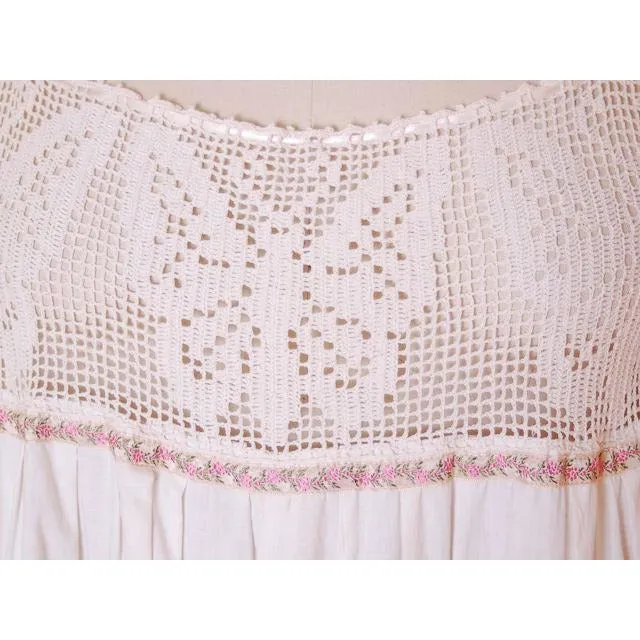 Victorian White Long Chemise Butterflies Micro Crochet Yoke Small