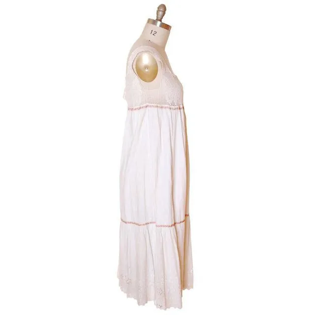 Victorian White Long Chemise Butterflies Micro Crochet Yoke Small