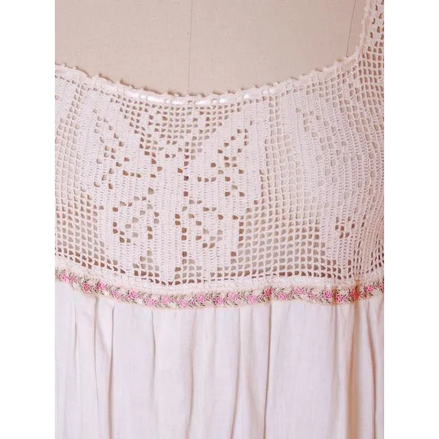 Victorian White Long Chemise Butterflies Micro Crochet Yoke Small
