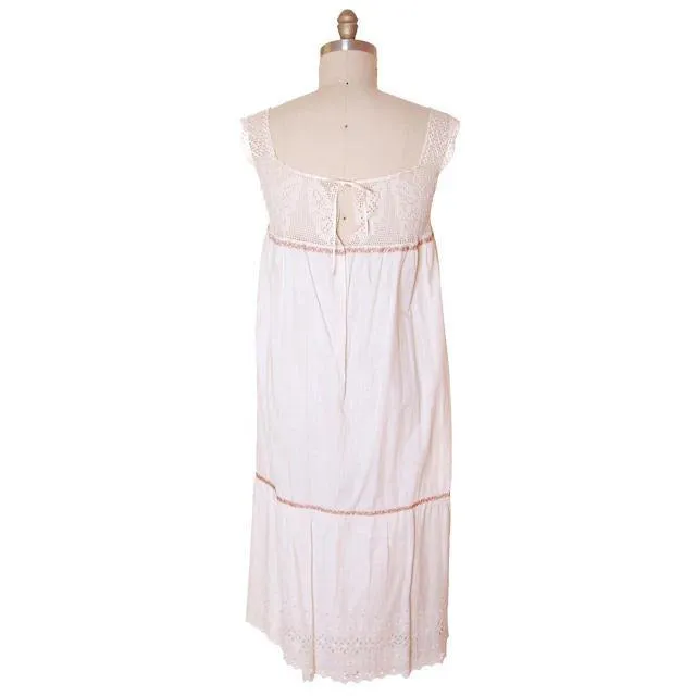 Victorian White Long Chemise Butterflies Micro Crochet Yoke Small