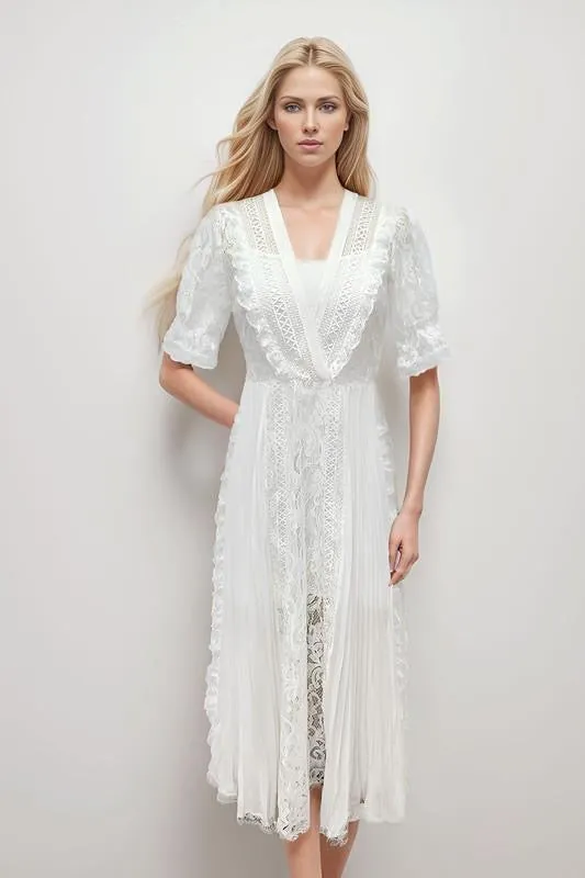 Victorian White V Neck Lace Maxi Dress
