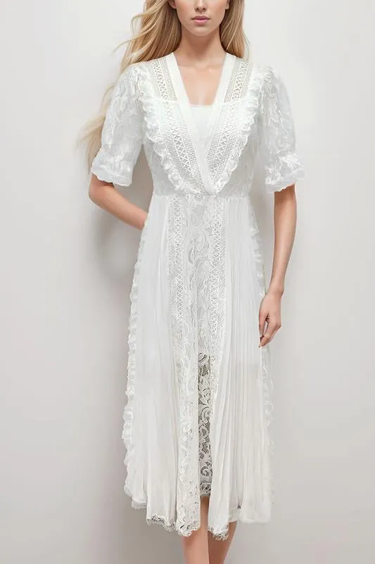 Victorian White V Neck Lace Maxi Dress