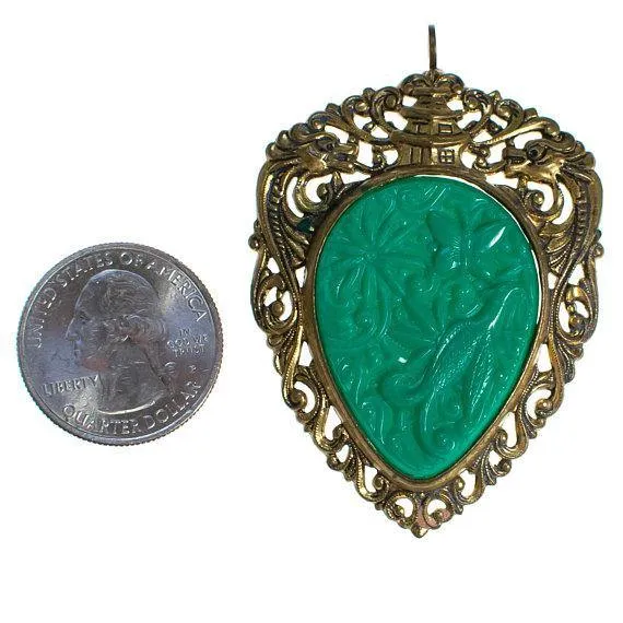 Vintage 1940s Gold Gilt Filigree Asian Influence Brooch Pendant with Faux Jade Carved Floral Relief