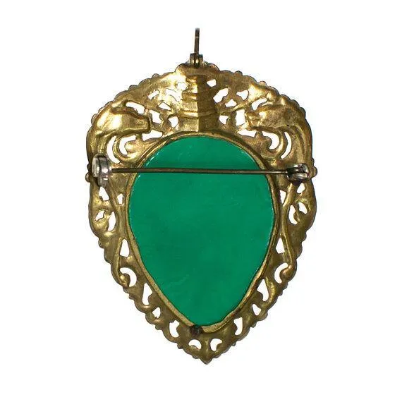 Vintage 1940s Gold Gilt Filigree Asian Influence Brooch Pendant with Faux Jade Carved Floral Relief