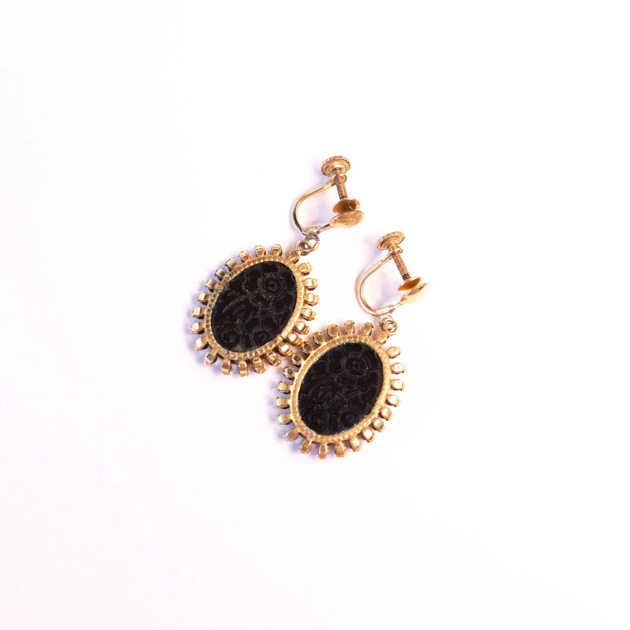 Vintage Victorian Era Etched Onyx Floral Earrings