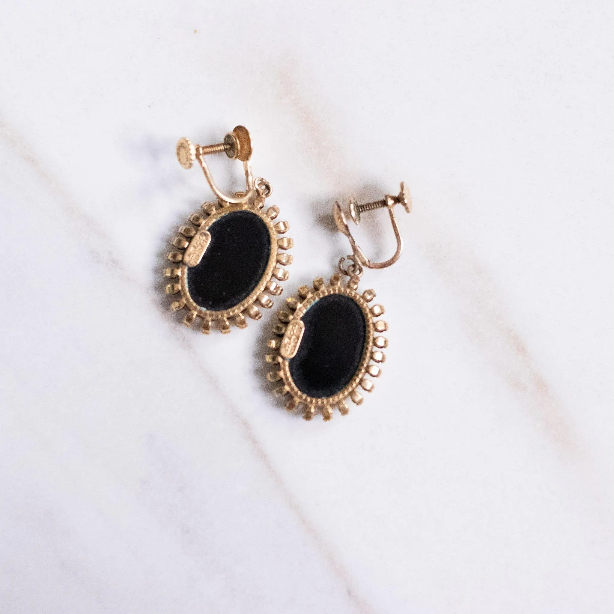 Vintage Victorian Era Etched Onyx Floral Earrings