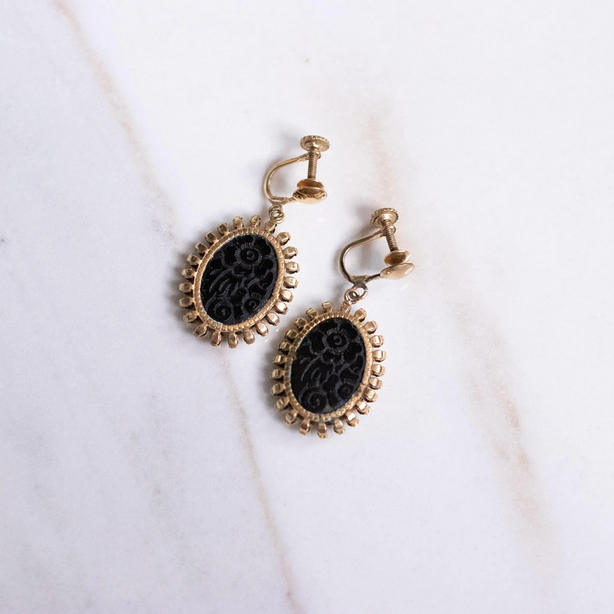 Vintage Victorian Era Etched Onyx Floral Earrings
