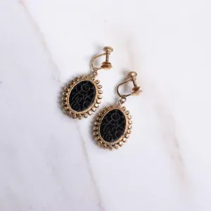 Vintage Victorian Era Etched Onyx Floral Earrings
