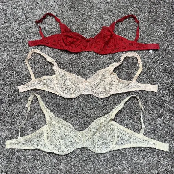 Warner’s Blanche VTG Bras Lot of 3 Size 34D Cream Pink Red Lace Bow