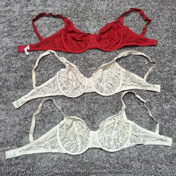 Warner’s Blanche VTG Bras Lot of 3 Size 34D Cream Pink Red Lace Bow