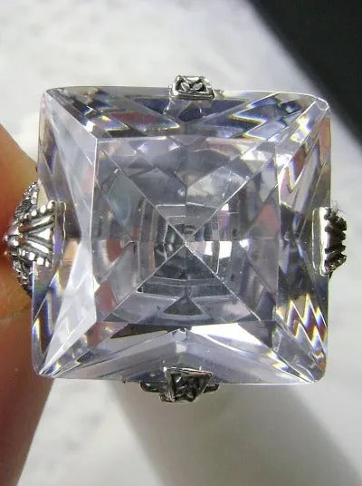 White Cubic Zirconia (CZ) Ring, 12ct Square Gem, Victorian Jewelry #D77