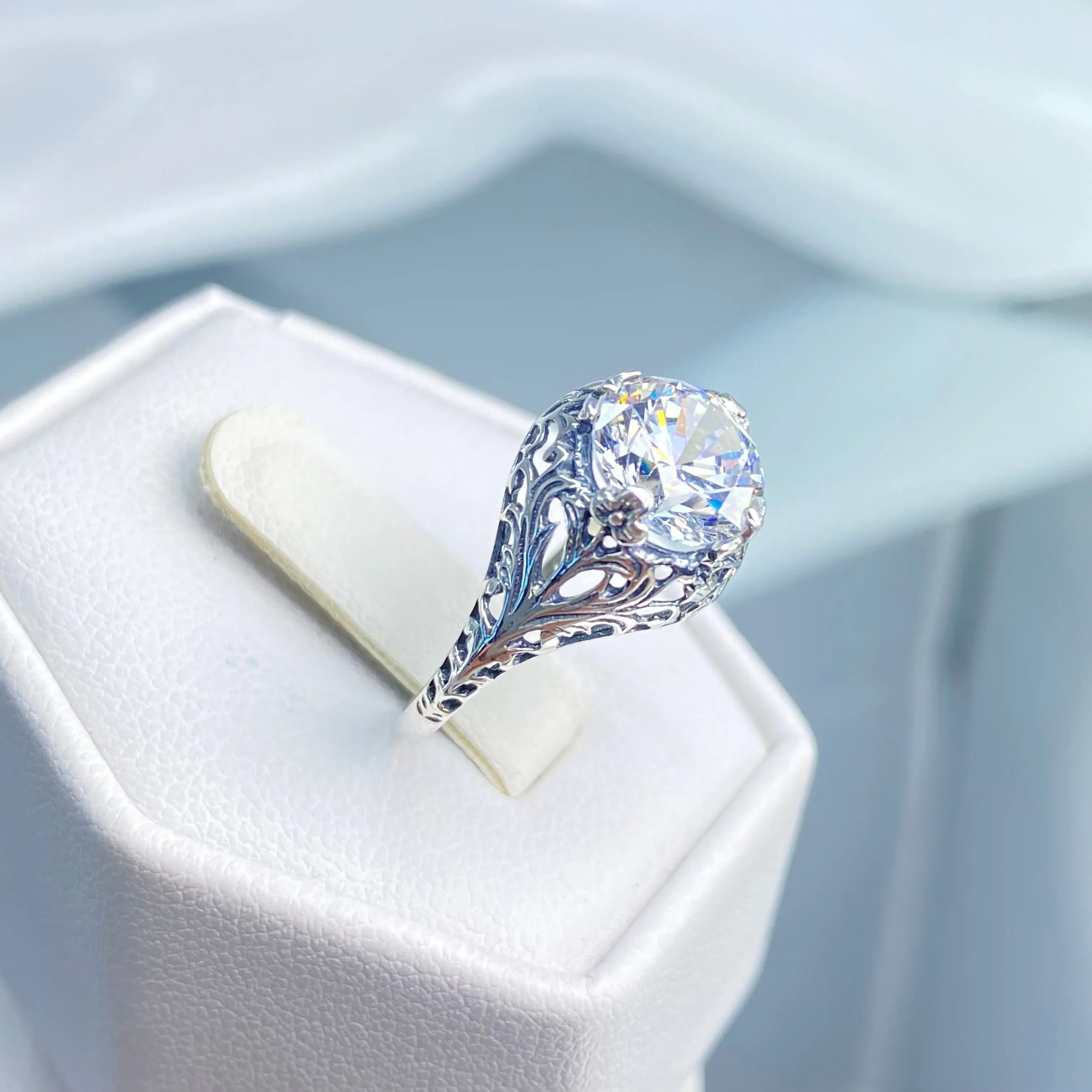 White Cubic Zirconia Ring, Size 5.5, Victorian Jewelry #D198 - Ready to Ship