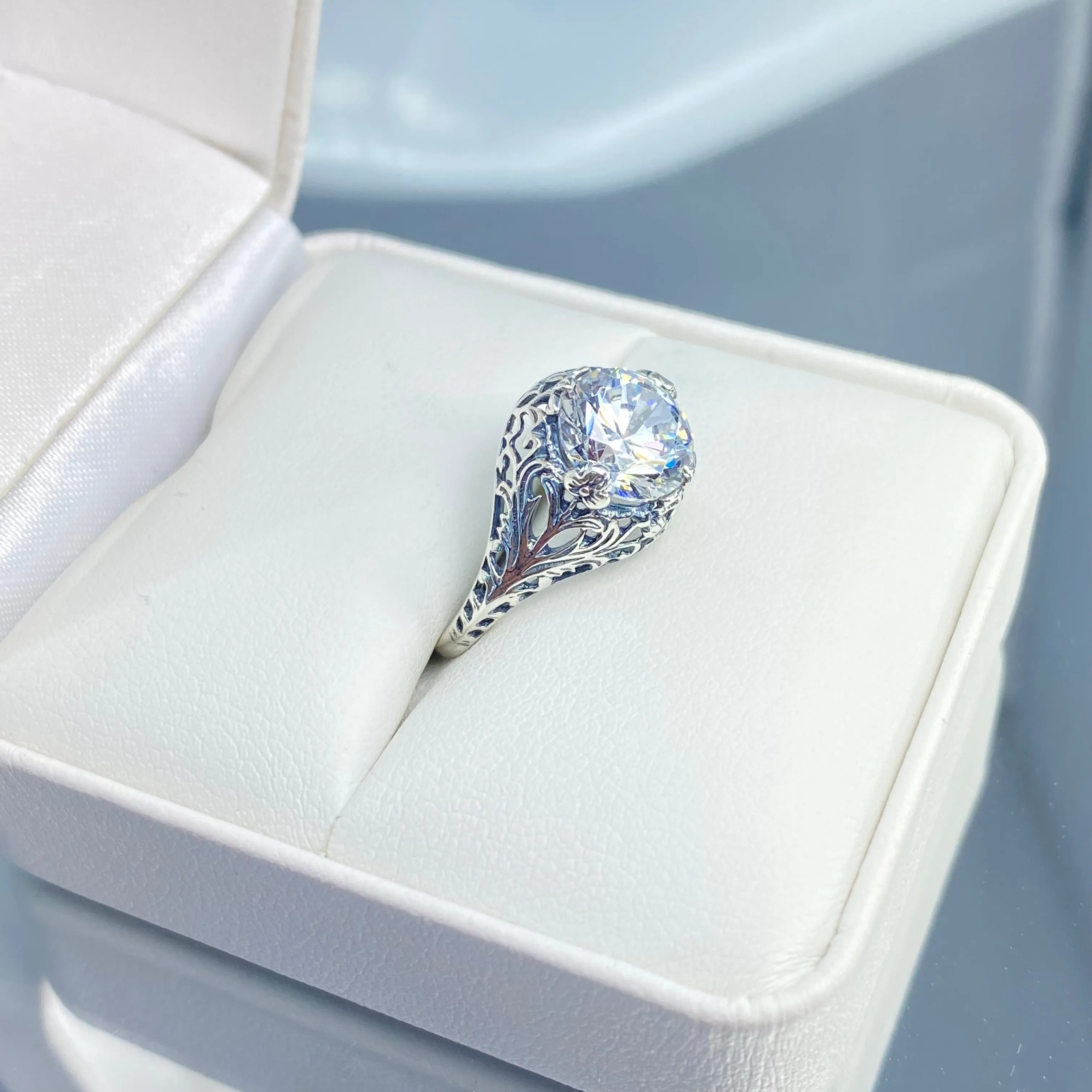 White Cubic Zirconia Ring, Size 5.5, Victorian Jewelry #D198 - Ready to Ship