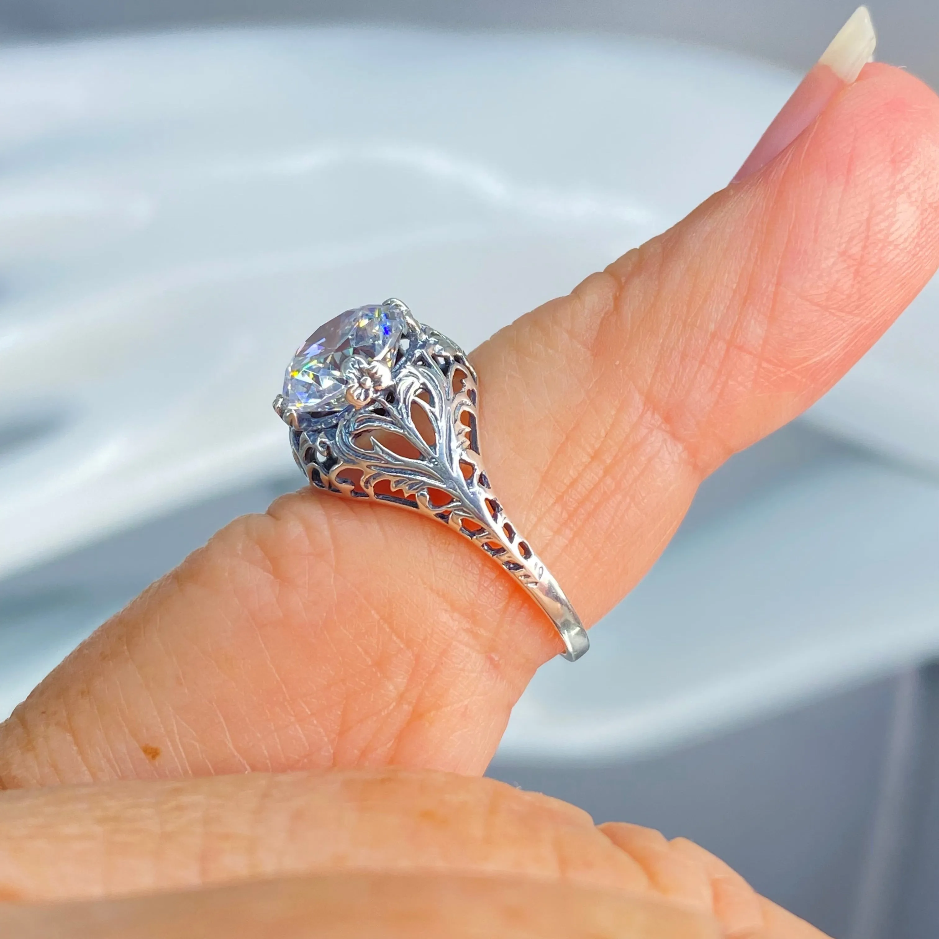 White Cubic Zirconia Ring, Size 5.5, Victorian Jewelry #D198 - Ready to Ship