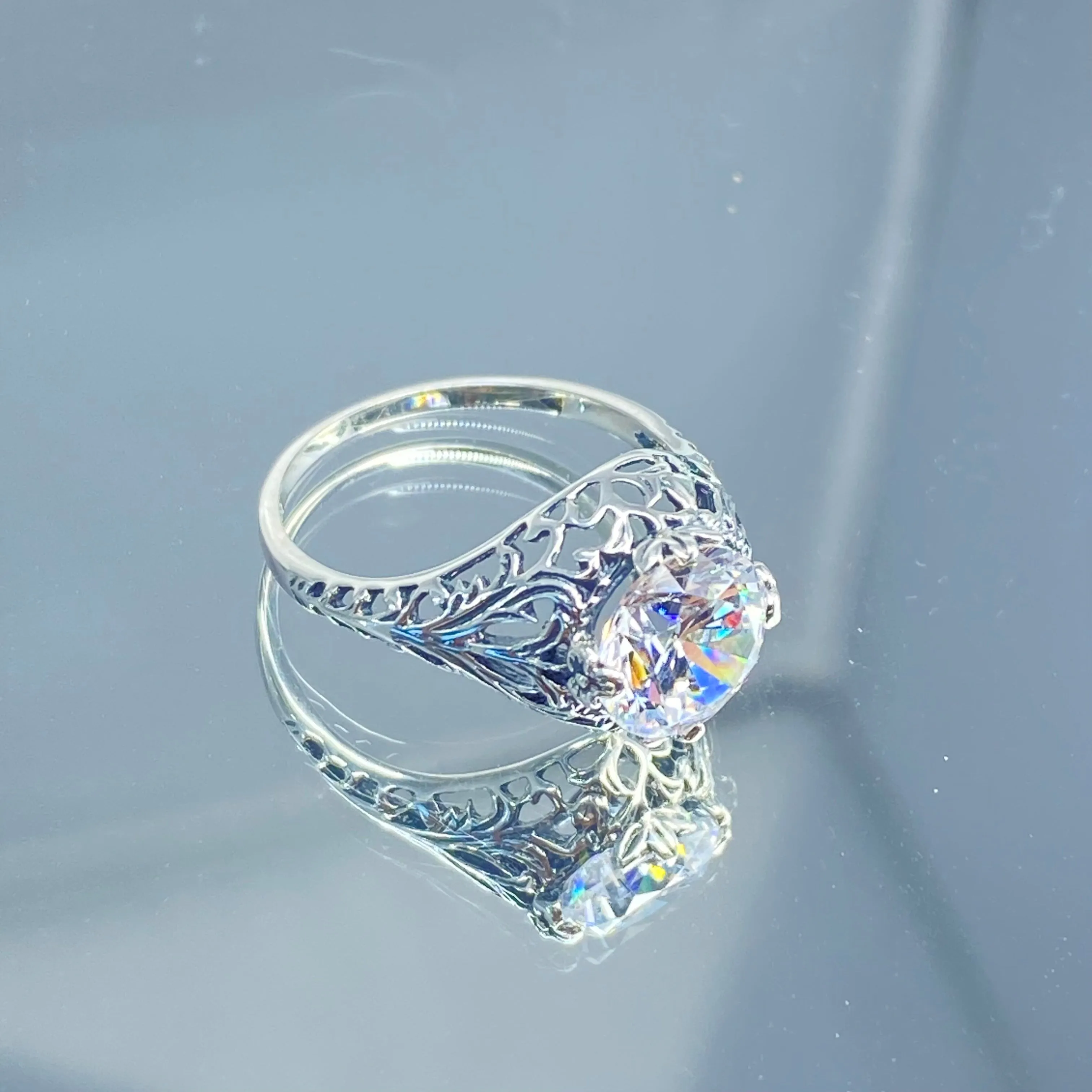 White Cubic Zirconia Ring, Size 5.5, Victorian Jewelry #D198 - Ready to Ship