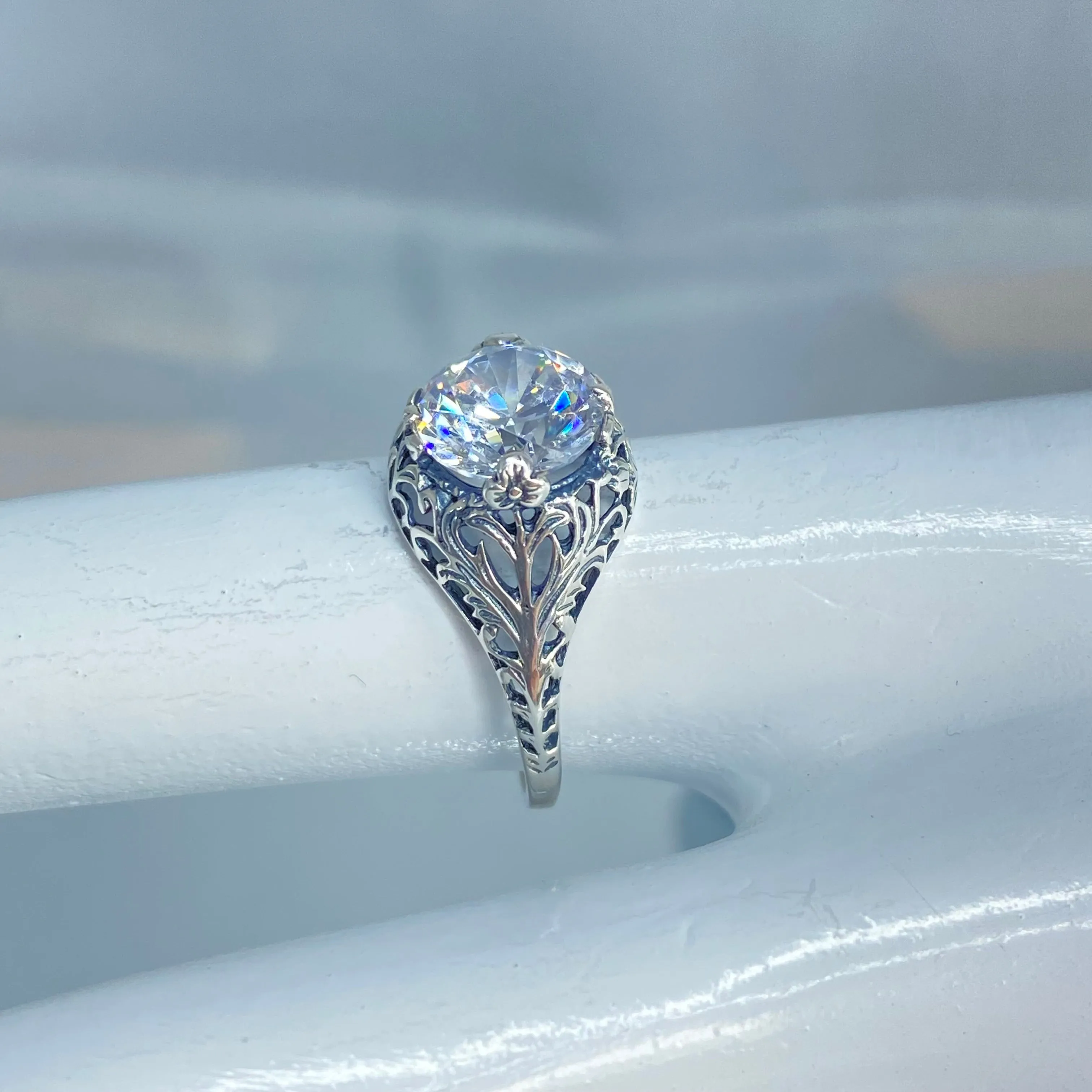 White Cubic Zirconia Ring, Size 5.5, Victorian Jewelry #D198 - Ready to Ship