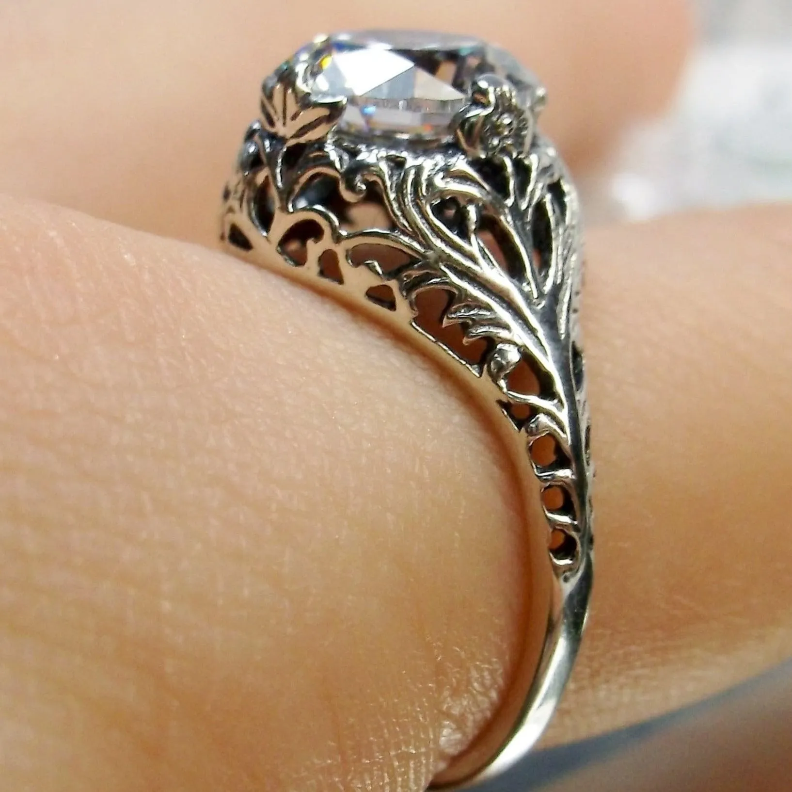 White Cubic Zirconia Ring, Size 5.5, Victorian Jewelry #D198 - Ready to Ship