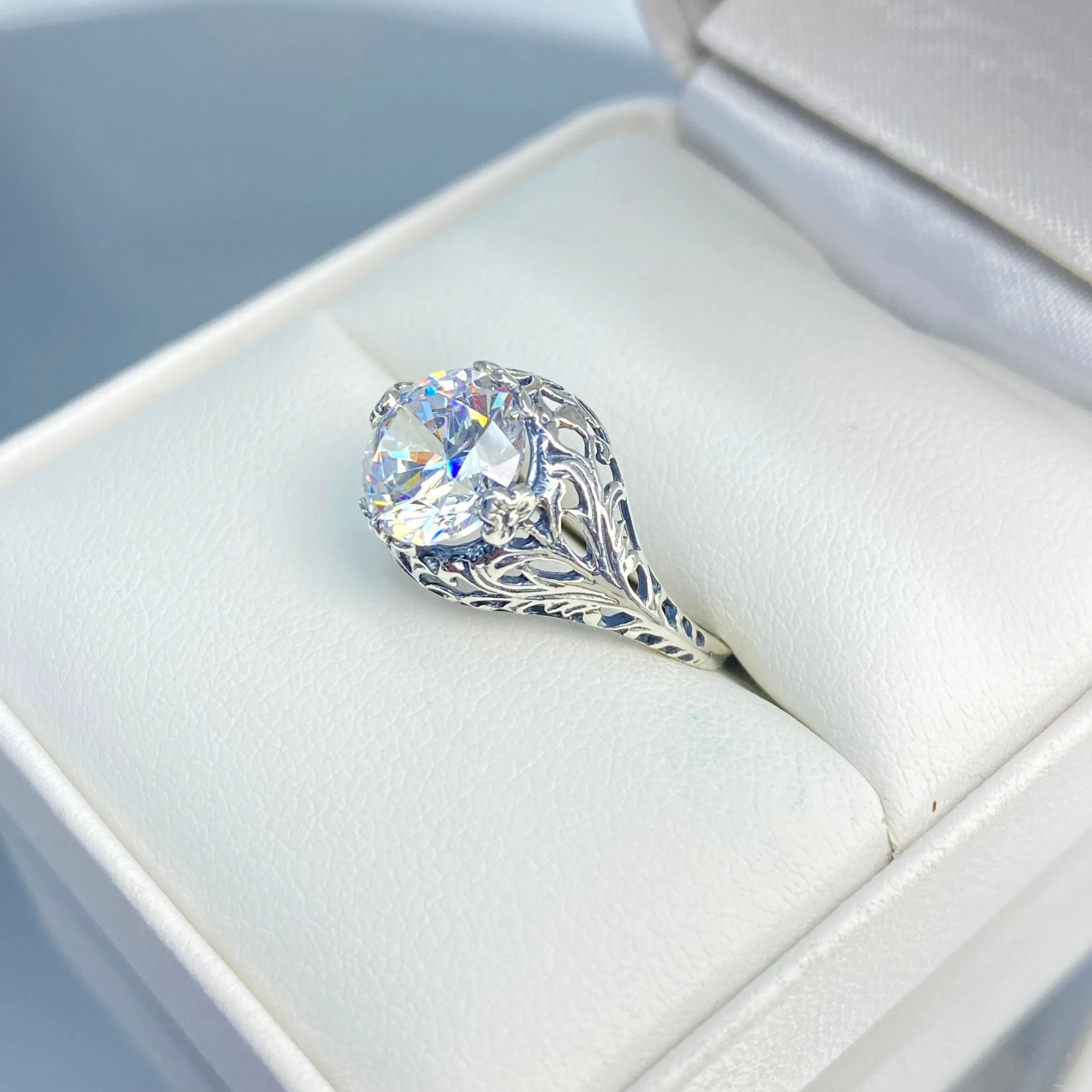 White Cubic Zirconia Ring, Size 5.5, Victorian Jewelry #D198 - Ready to Ship