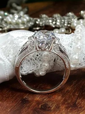 White CZ Ring, faux Diamond and White CZ Inlay Gems, Art Deco Jewelry #D220