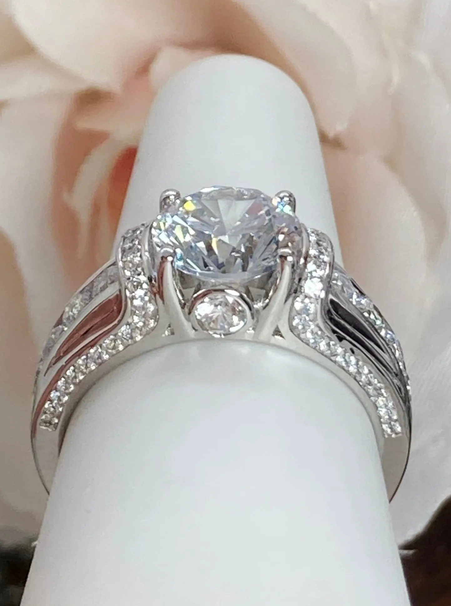 White CZ Ring, faux Diamond and White CZ Inlay Gems, Art Deco Jewelry #D220