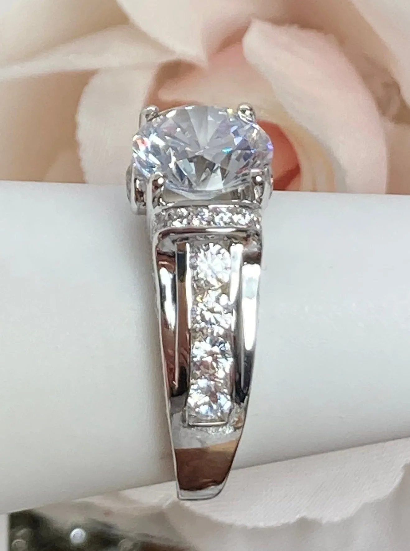 White CZ Ring, faux Diamond and White CZ Inlay Gems, Art Deco Jewelry #D220