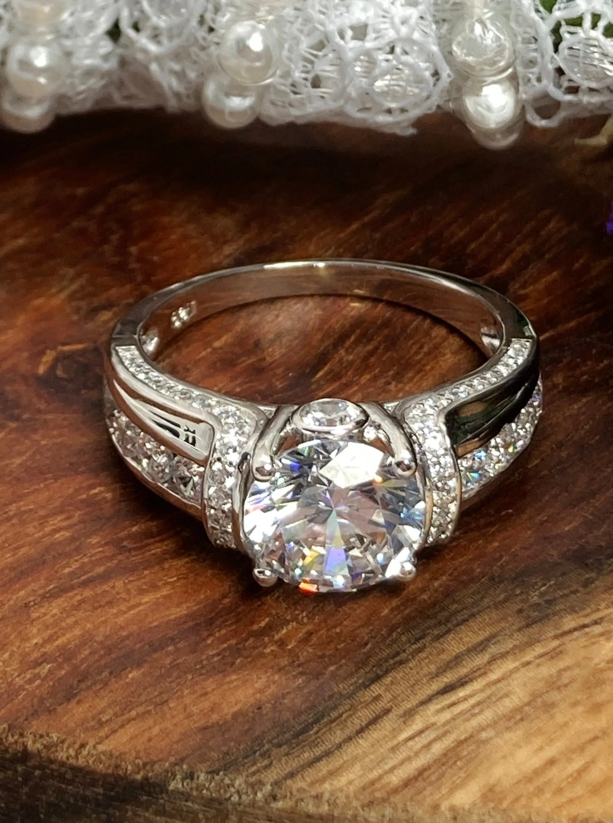 White CZ Ring, faux Diamond and White CZ Inlay Gems, Art Deco Jewelry #D220