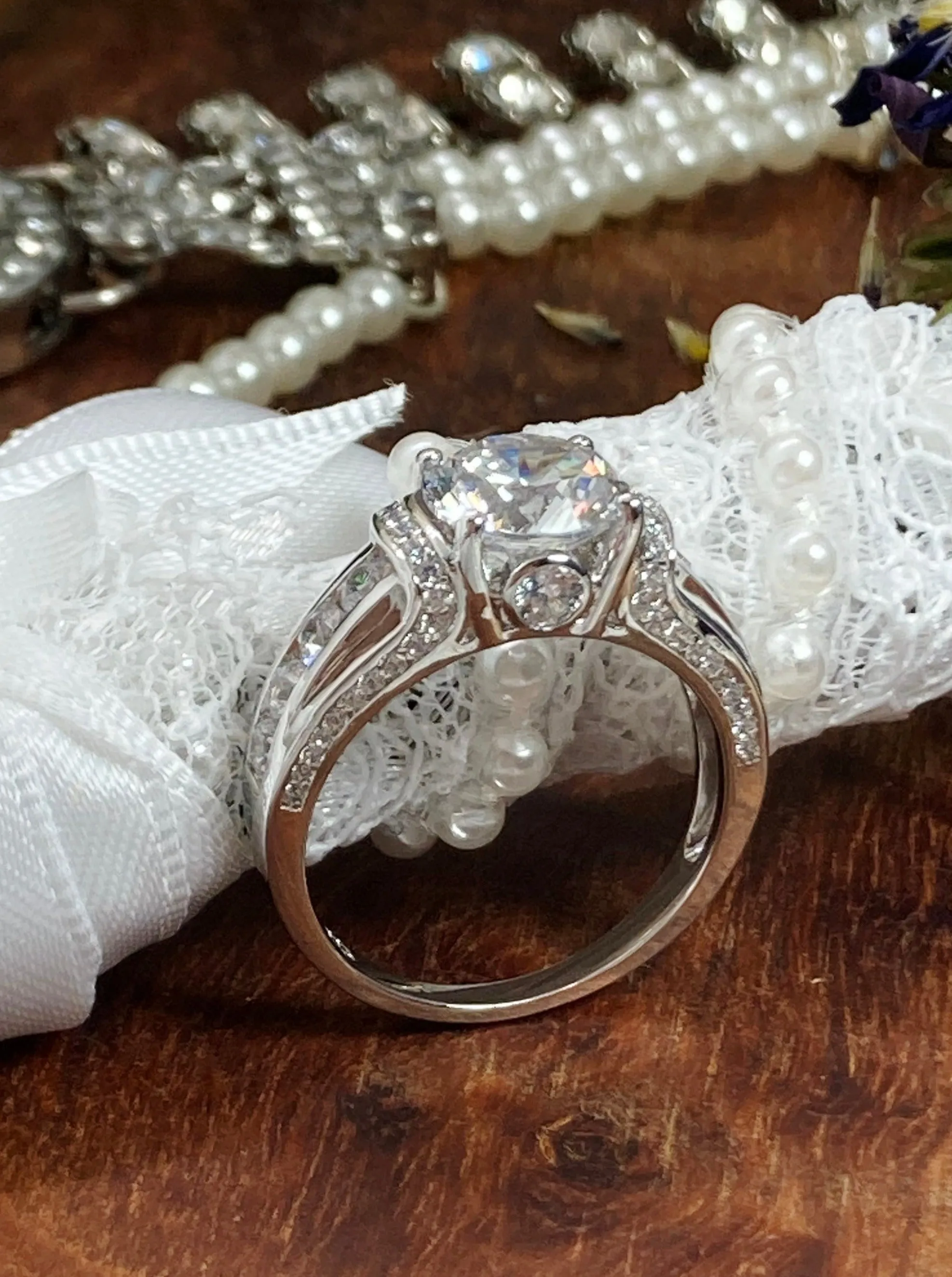 White CZ Ring, faux Diamond and White CZ Inlay Gems, Art Deco Jewelry #D220