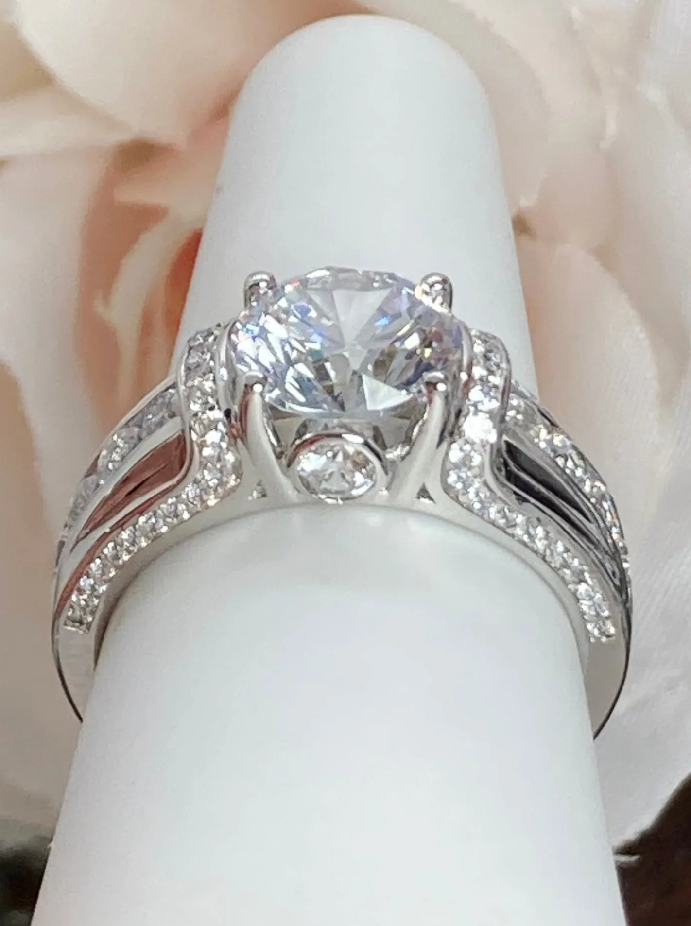 White CZ Ring, faux Diamond and White CZ Inlay Gems, Art Deco Jewelry #D220