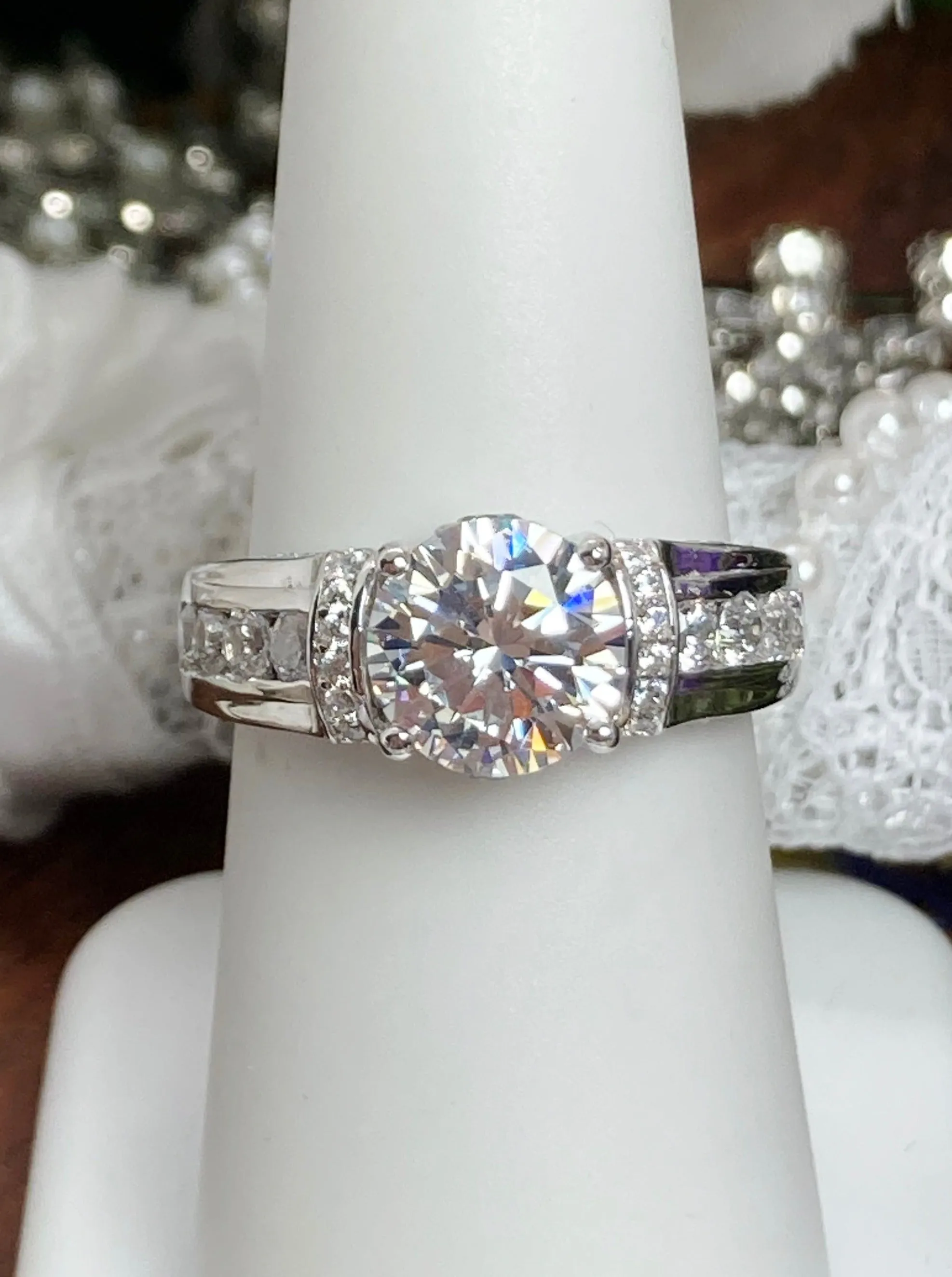 White CZ Ring, faux Diamond and White CZ Inlay Gems, Art Deco Jewelry #D220