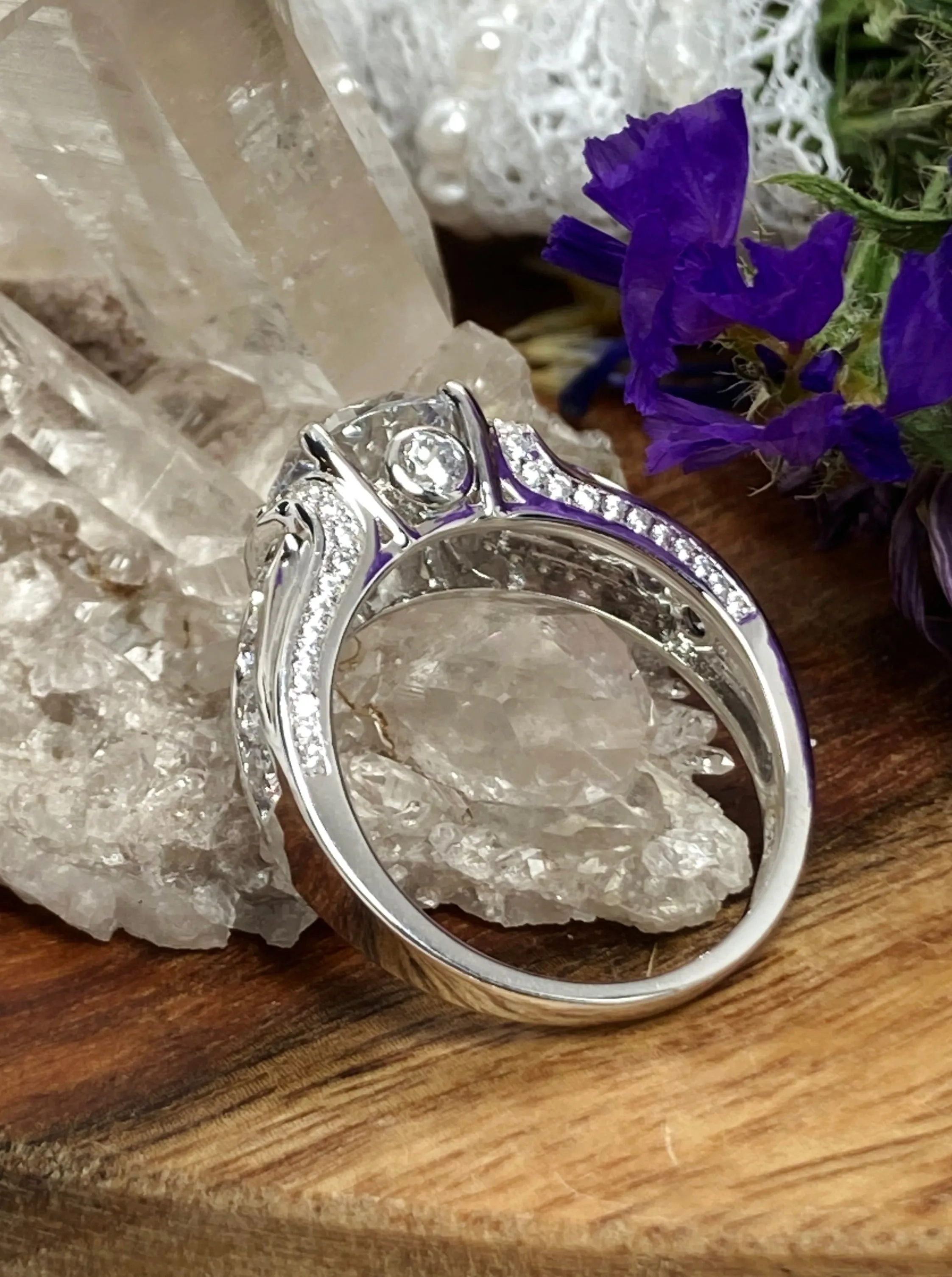 White CZ Ring, faux Diamond and White CZ Inlay Gems, Art Deco Jewelry #D220